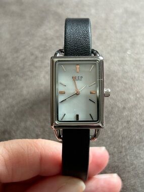 KEEP Collective Black Leather Strap Silver-Tone Rectangular Watch